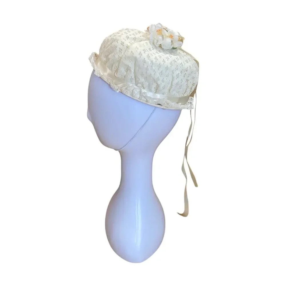 Vintage 1950s Lace Juliet Cap | Ivory Ribbon Tie Bridal Hat - Picture 4 of 7